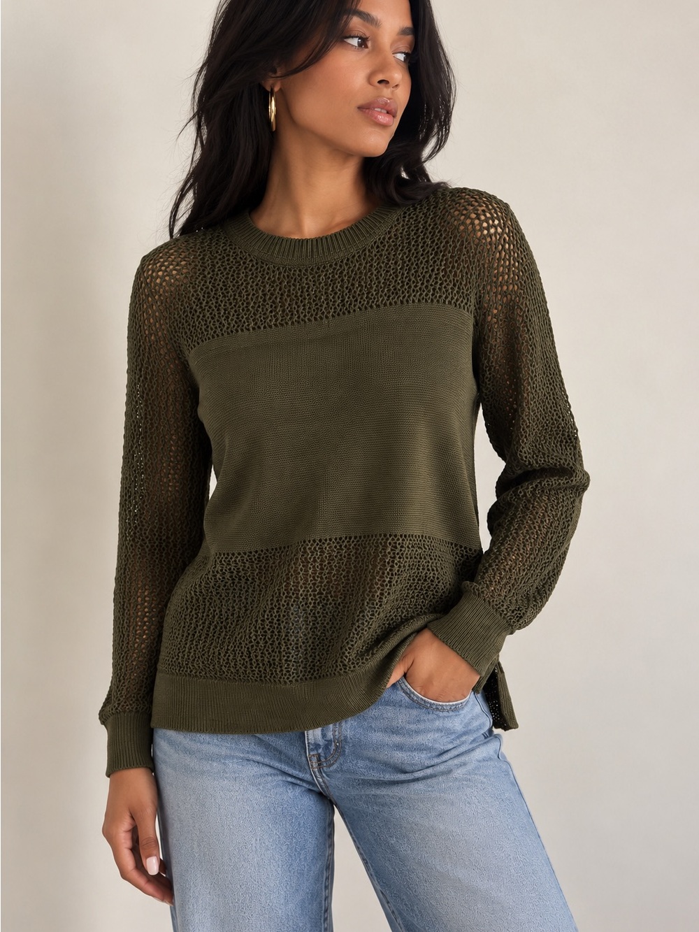 Banana Republic Olive Open-Knit Crewneck Mesh Sweater Size Small